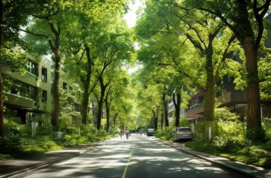 AI generated view of a modern city street with lots of trees and